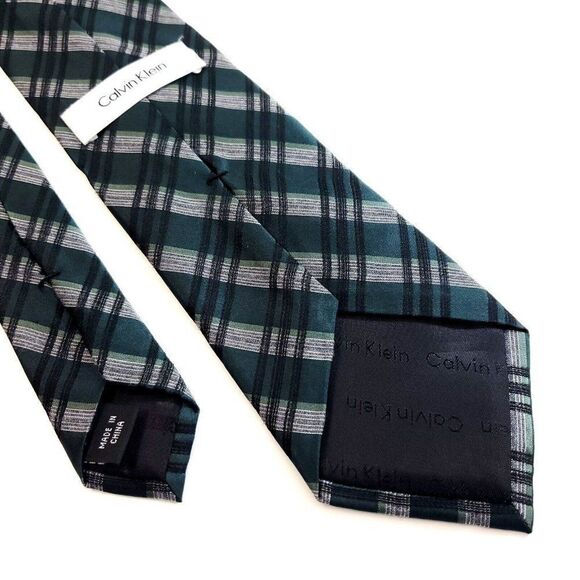 Calvin Klein Green Gray Plaid Woven Viscose Silk Tie - Picture 5 of 6